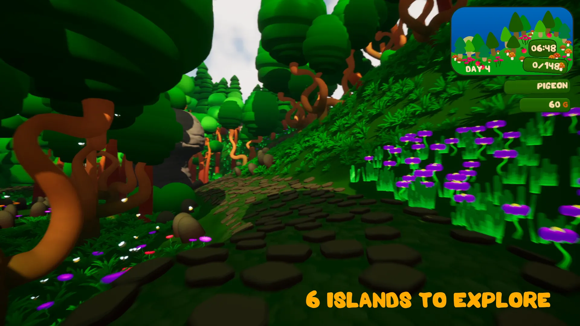 A darker forest island with glowing purple mushrooms