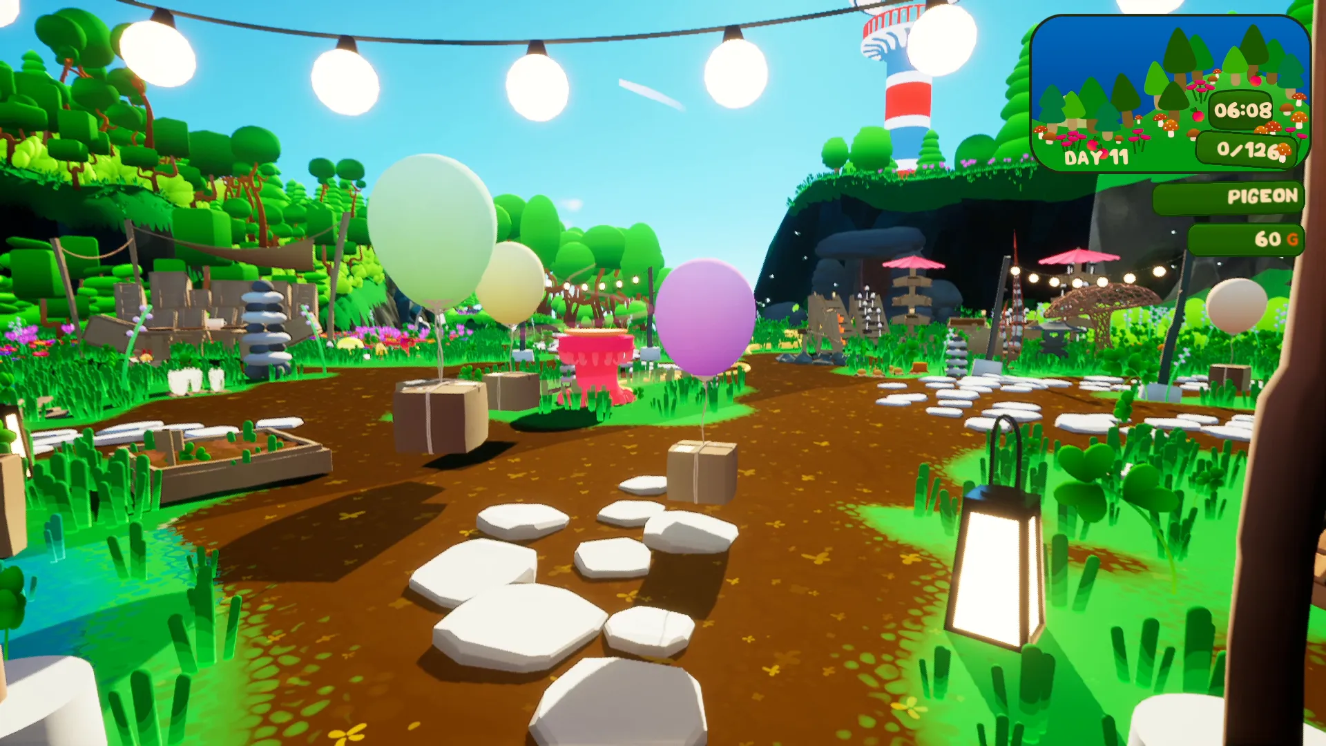 The village clearing, strung with lights and balloons